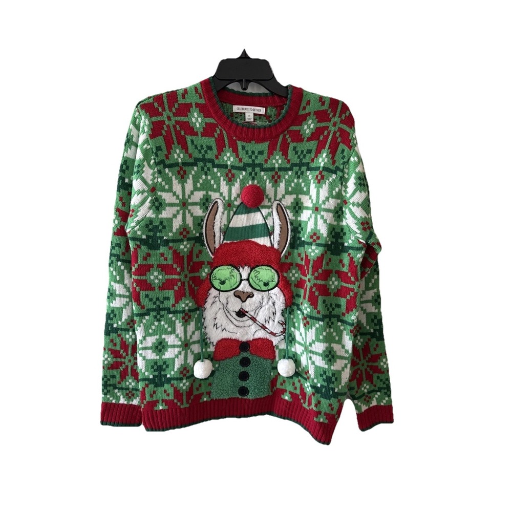 Celebrate Together LLama Christmas Sweater Size Medium‎ Green Ugly Party Novelty